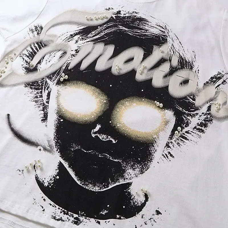 Mixed Emotion Embroidery Pearl Logo Sweatshirts Men Women Angel Print Tee 100% Cotton Streetwear Loose T-shirt