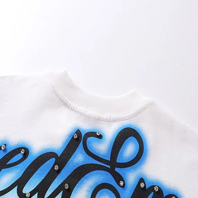 Mixed Emotion Embroidery Pearl Logo Sweatshirts Men Women Angel Print Tee 100% Cotton Streetwear Loose T-shirt