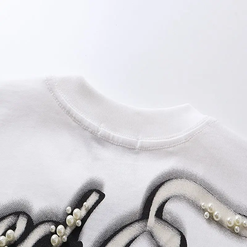 Mixed Emotion Embroidery Pearl Logo Sweatshirts Men Women Angel Print Tee 100% Cotton Streetwear Loose T-shirt