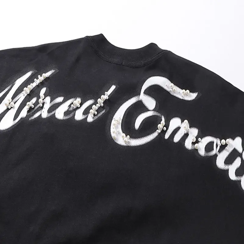 Mixed Emotion Embroidery Pearl Logo Sweatshirts Men Women Angel Print Tee 100% Cotton Streetwear Loose T-shirt