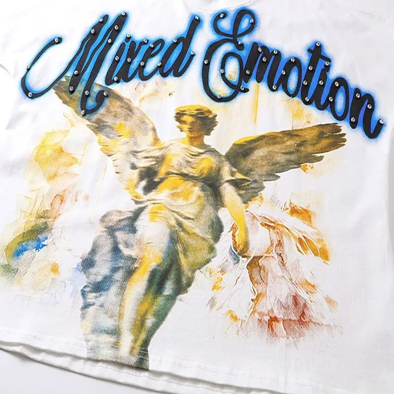 Mixed Emotion Embroidery Pearl Logo Sweatshirts Men Women Angel Print Tee 100% Cotton Streetwear Loose T-shirt