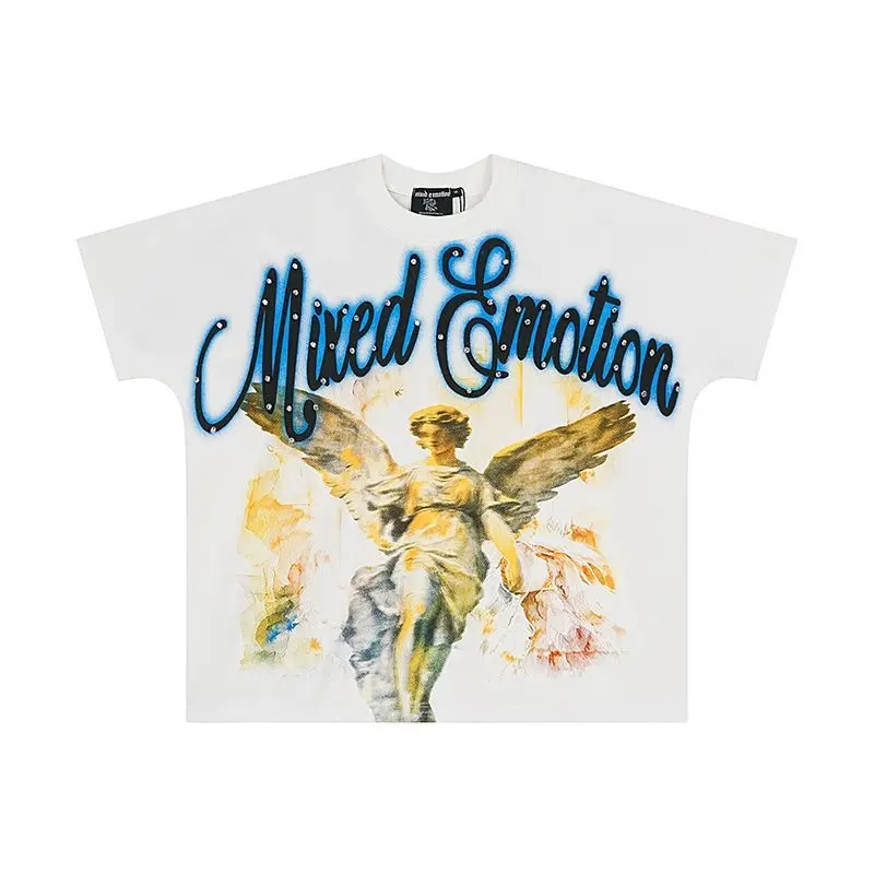 Mixed Emotion Embroidery Pearl Logo Sweatshirts Men Women Angel Print Tee 100% Cotton Streetwear Loose T-shirt