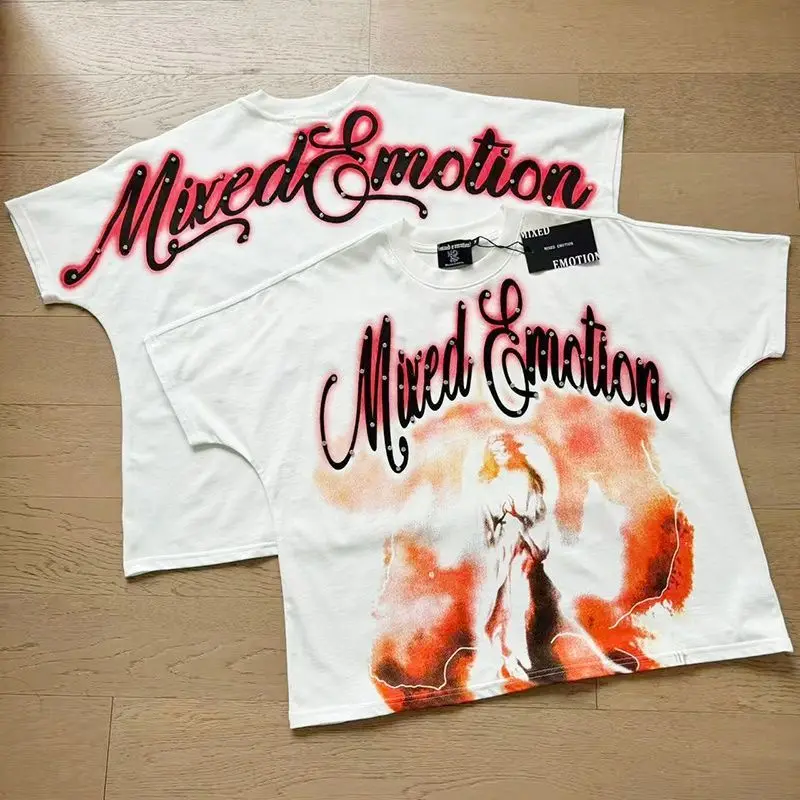 Mixed Emotion Embroidery Pearl Logo Sweatshirts Men Women Angel Print Tee 100% Cotton Streetwear Loose T-shirt