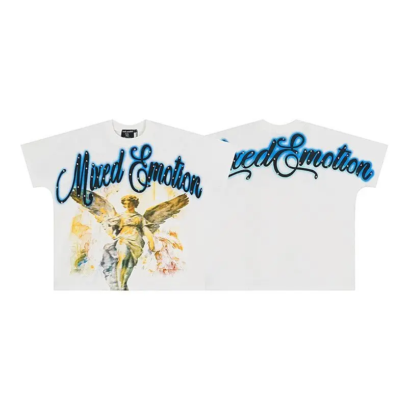 Mixed Emotion Embroidery Pearl Logo Sweatshirts Men Women Angel Print Tee 100% Cotton Streetwear Loose T-shirt
