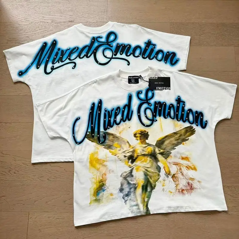 Mixed Emotion Embroidery Pearl Logo Sweatshirts Men Women Angel Print Tee 100% Cotton Streetwear Loose T-shirt