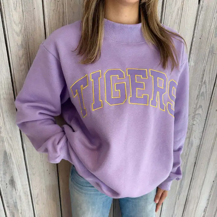 Women Vintage Preppy Casual Mock Neck Sweatshirt TIGERS Arch Letter Embroidery Oversized Drop Shoulder Long Sleeve Pullover Top