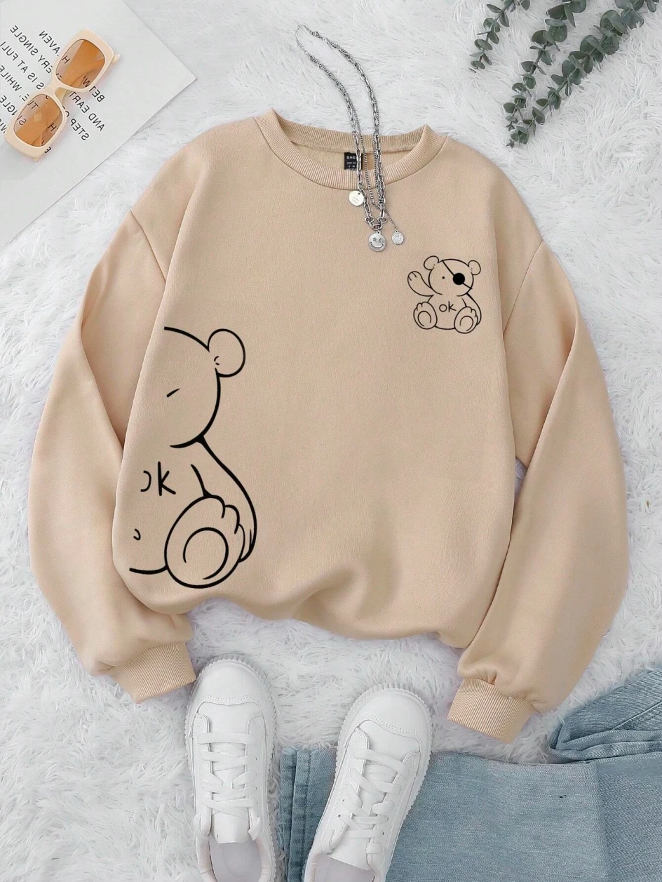 Autumn Winter Womans Sweatshirt Kawaii Ok Bear Graphic Printed Hoodies Comfortable O-Neck Fleece Soft Pullover Trend Sportswear