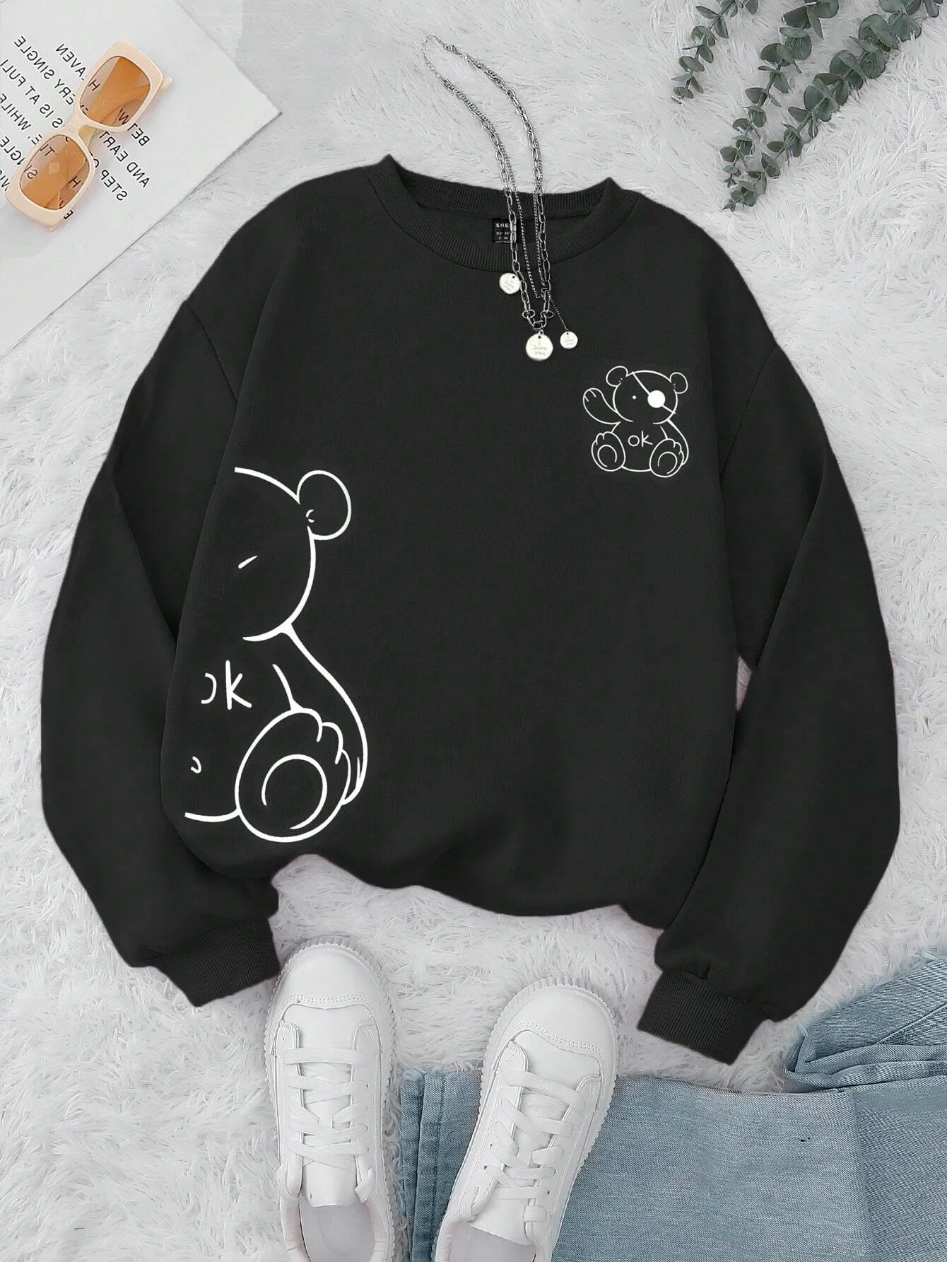Autumn Winter Womans Sweatshirt Kawaii Ok Bear Graphic Printed Hoodies Comfortable O-Neck Fleece Soft Pullover Trend Sportswear