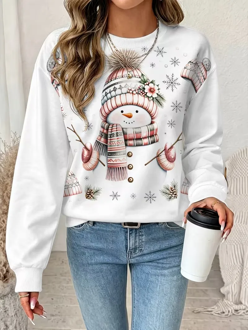 New Christmas style hoodie women's long sleeved round neck casual pullover 3D fun Christmas snowman printed sweatshirt