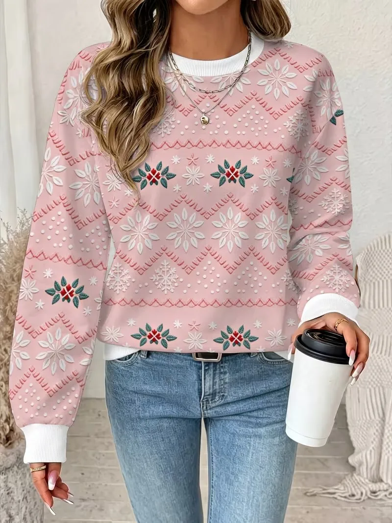 New Christmas style hoodie women's long sleeved round neck casual pullover 3D fun Christmas snowman printed sweatshirt