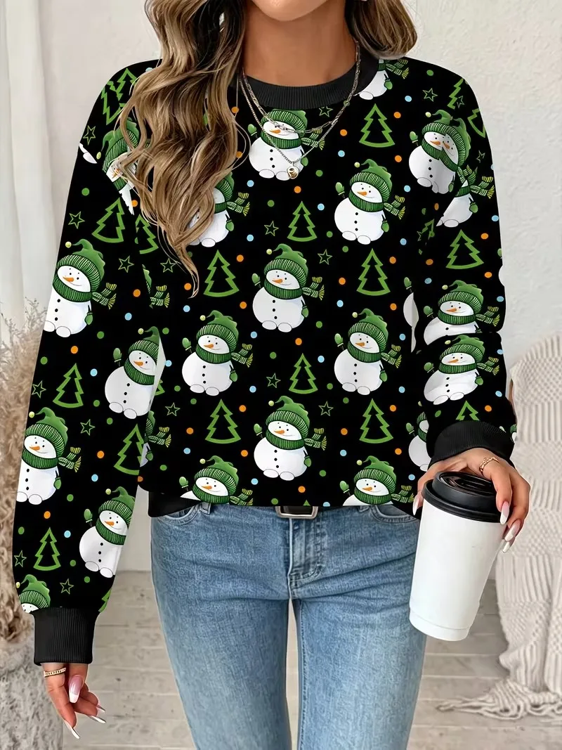 New Christmas style hoodie women's long sleeved round neck casual pullover 3D fun Christmas snowman printed sweatshirt