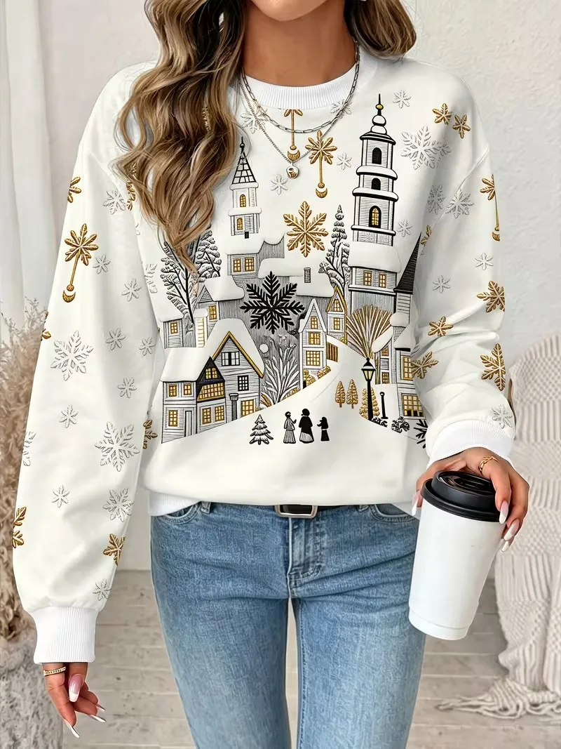New Christmas style hoodie women's long sleeved round neck casual pullover 3D fun Christmas snowman printed sweatshirt