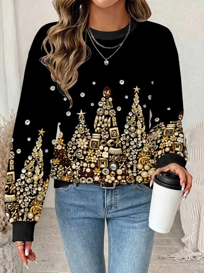 New Christmas style hoodie women's long sleeved round neck casual pullover 3D fun Christmas snowman printed sweatshirt