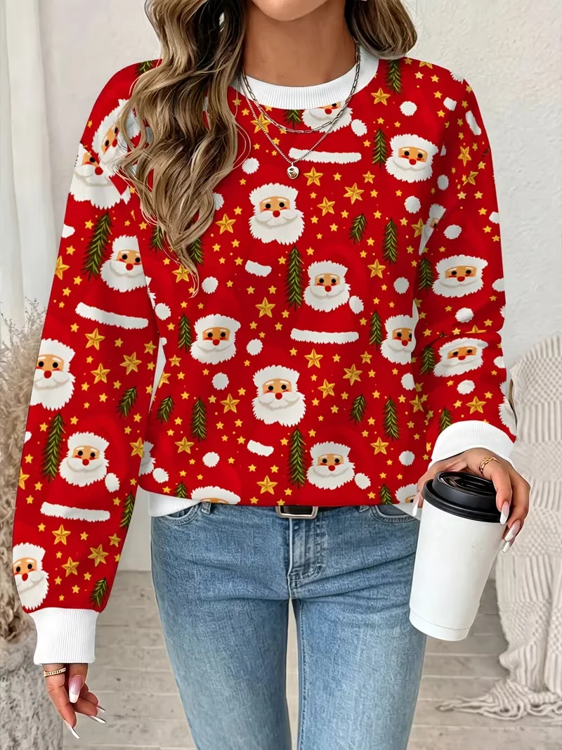 Fun Santa Claus print sports, women's autumn and winter long sleeved round neck casual loose hoodie pullover