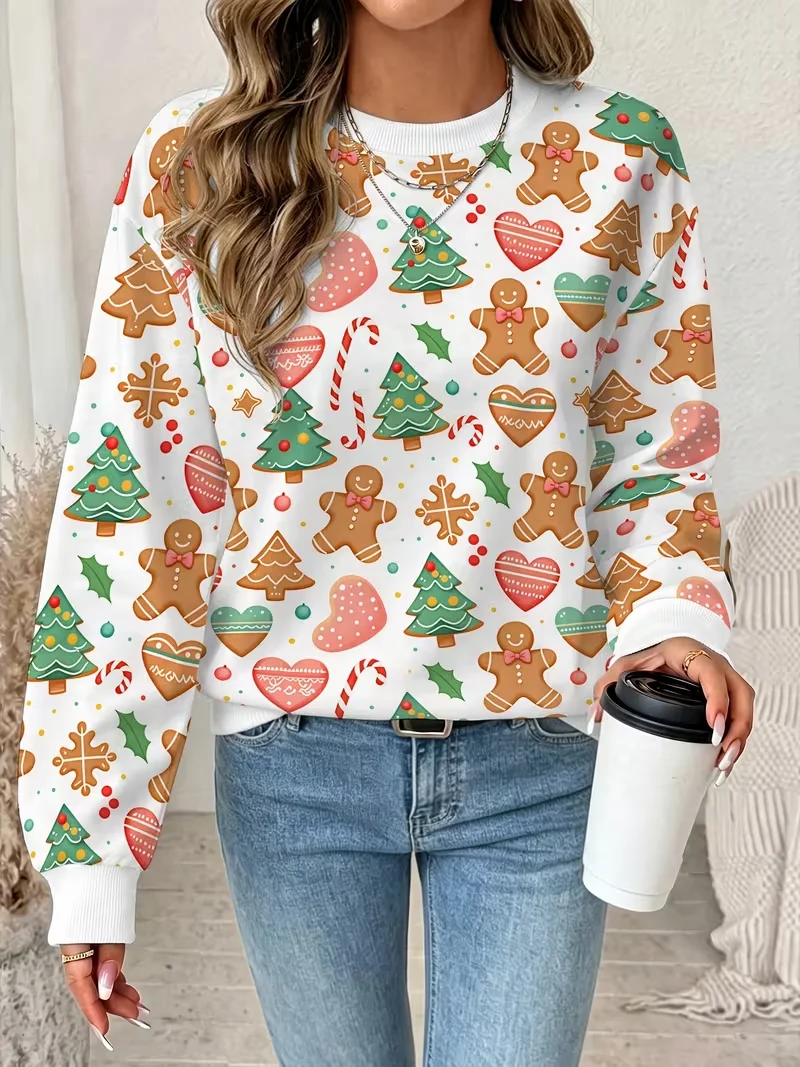 Fun Santa Claus print sports, women's autumn and winter long sleeved round neck casual loose hoodie pullover
