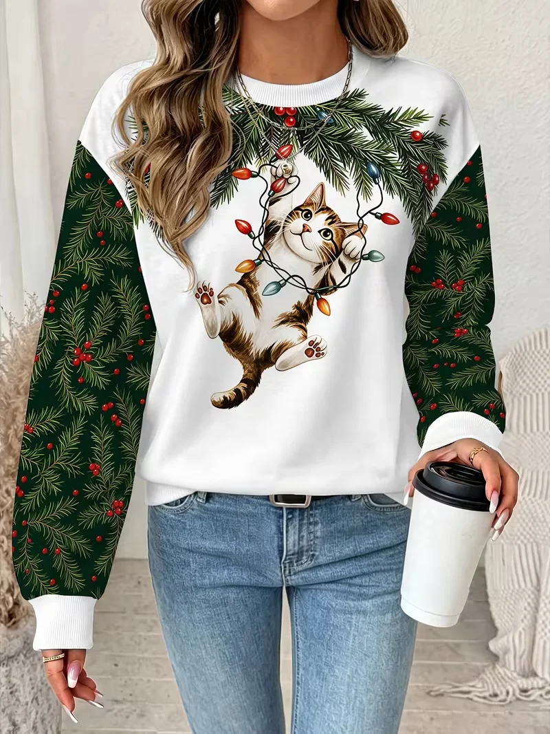 Fun Santa Claus print sports, women's autumn and winter long sleeved round neck casual loose hoodie pullover