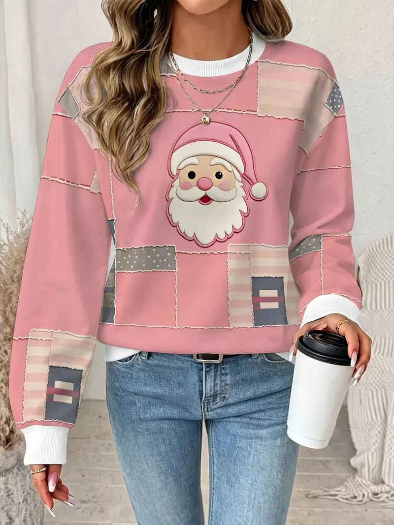 Fun Santa Claus print sports, women's autumn and winter long sleeved round neck casual loose hoodie pullover