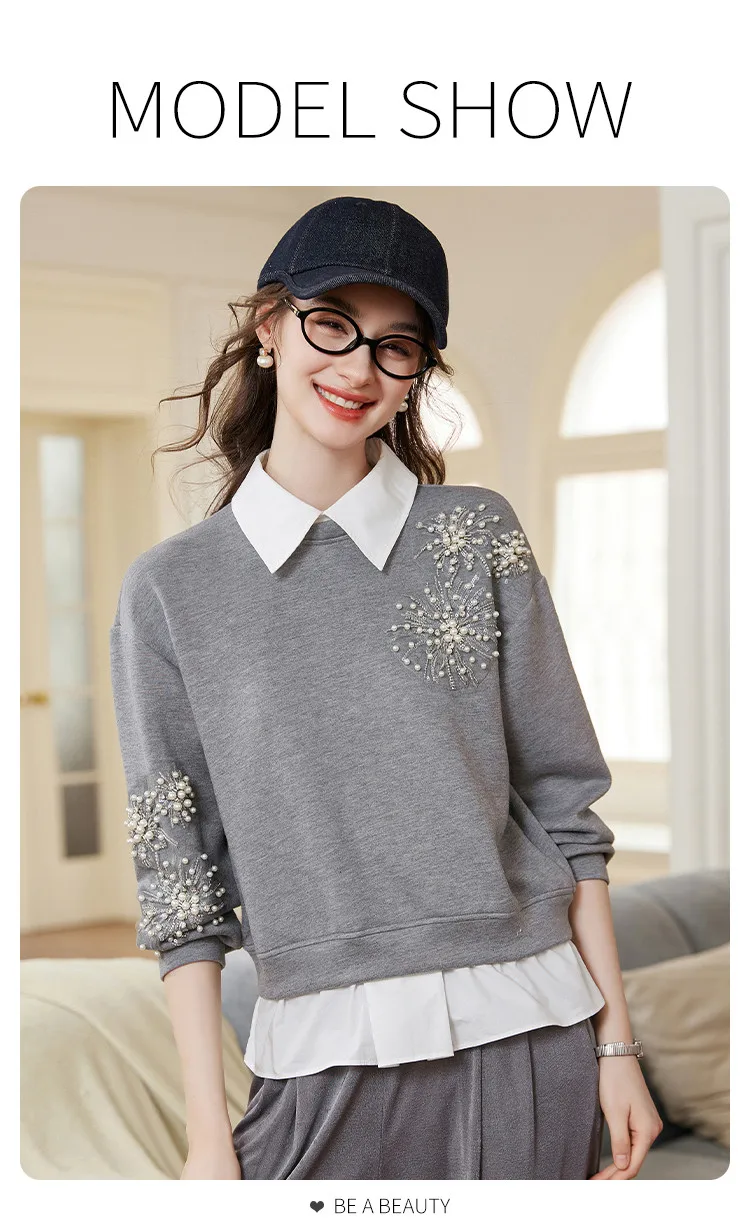 LOUIS YAO Beaded Floral Embellished Women's Sweatshirt 2026 Spring/Autumn Pullover Sweet Style Sequin-Detailed Loose-Fit Hoodies