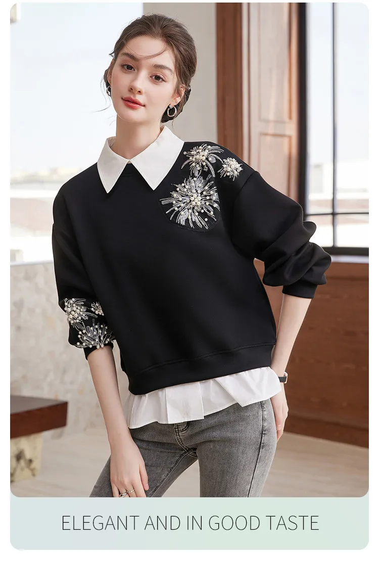 LOUIS YAO Beaded Floral Embellished Women's Sweatshirt 2026 Spring/Autumn Pullover Sweet Style Sequin-Detailed Loose-Fit Hoodies