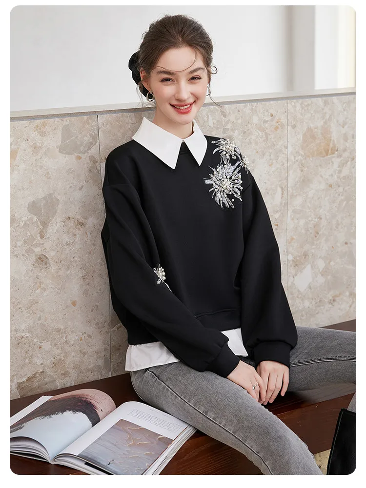 LOUIS YAO Beaded Floral Embellished Women's Sweatshirt 2026 Spring/Autumn Pullover Sweet Style Sequin-Detailed Loose-Fit Hoodies