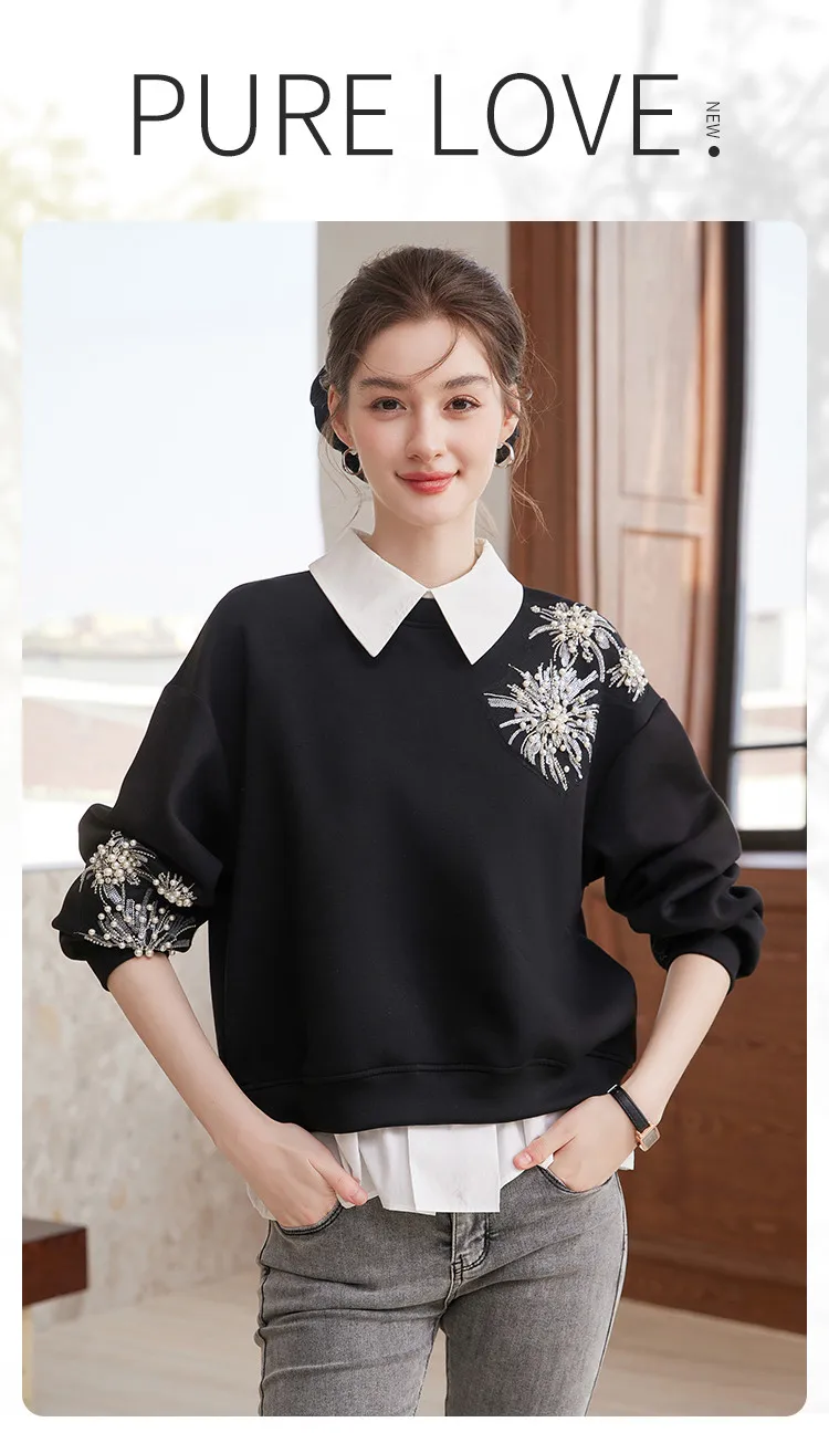 LOUIS YAO Beaded Floral Embellished Women's Sweatshirt 2026 Spring/Autumn Pullover Sweet Style Sequin-Detailed Loose-Fit Hoodies