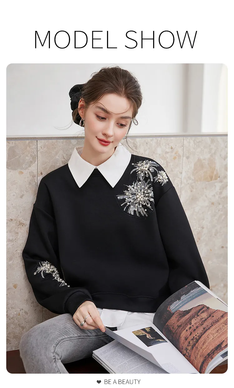LOUIS YAO Beaded Floral Embellished Women's Sweatshirt 2026 Spring/Autumn Pullover Sweet Style Sequin-Detailed Loose-Fit Hoodies