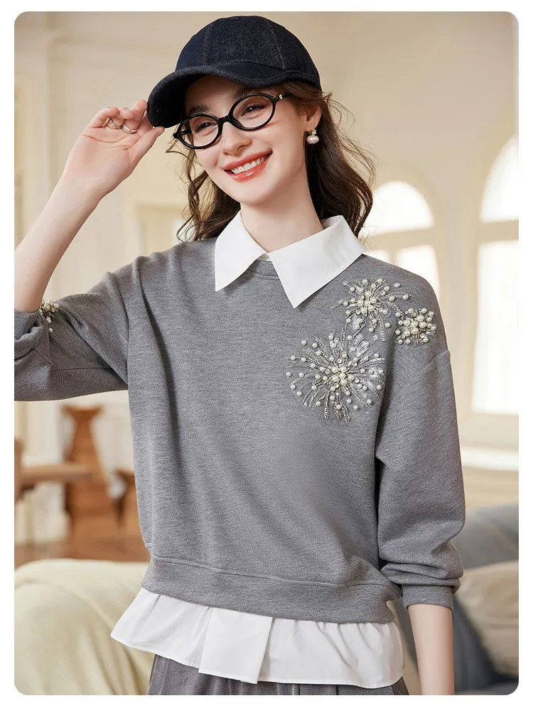 LOUIS YAO Beaded Floral Embellished Women's Sweatshirt 2026 Spring/Autumn Pullover Sweet Style Sequin-Detailed Loose-Fit Hoodies