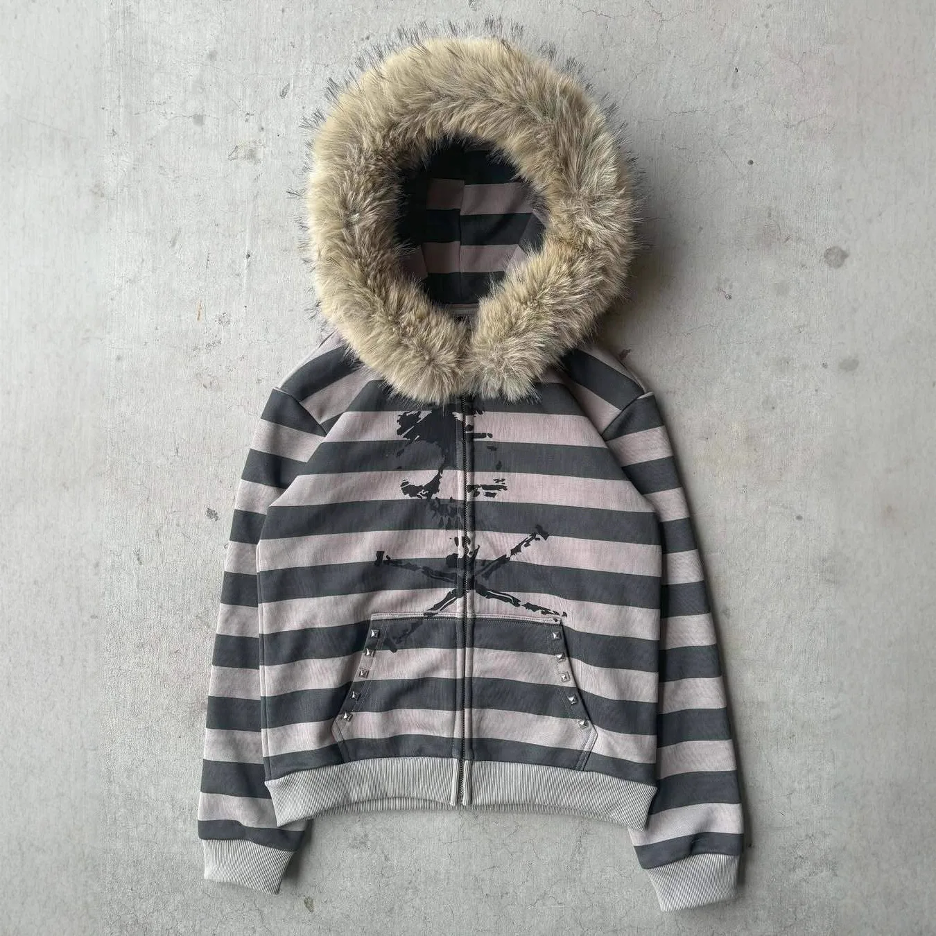 New American loose hooded sports hoodie with striped print for autumn and winter 2026, women's fur collar long sleeved hoodie