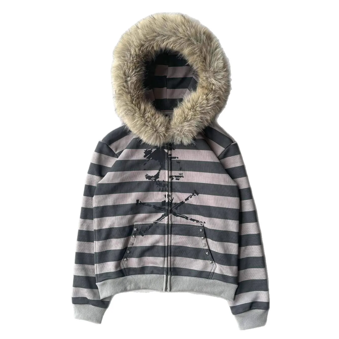 New American loose hooded sports hoodie with striped print for autumn and winter 2026, women's fur collar long sleeved hoodie