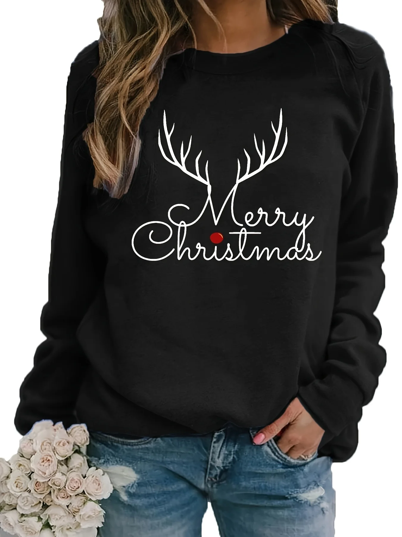 Women's Autumn and Winter Casual Loose Warm Print Comfortable Plus Velvet Long-Sleeved Round Neck Sweatshirt