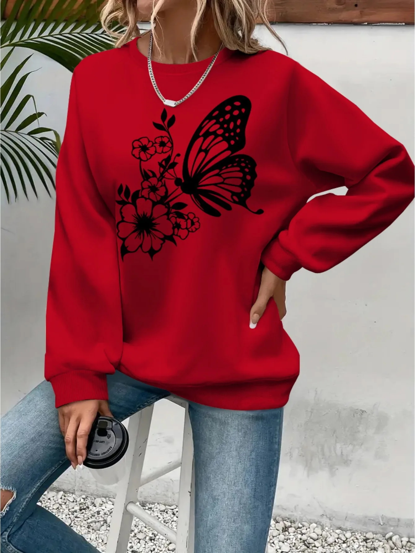 Women's Autumn and Winter Casual Loose Warm Print Comfortable Plus Velvet Long-Sleeved Round Neck Sweatshirt
