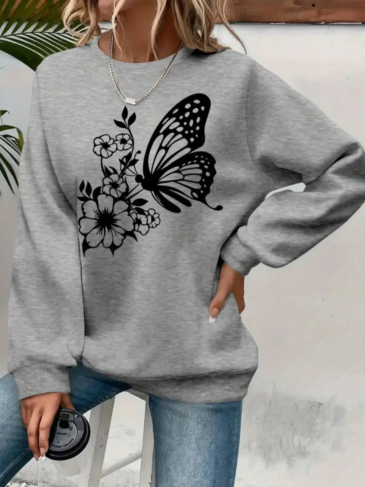 Women's Autumn and Winter Casual Loose Warm Print Comfortable Plus Velvet Long-Sleeved Round Neck Sweatshirt