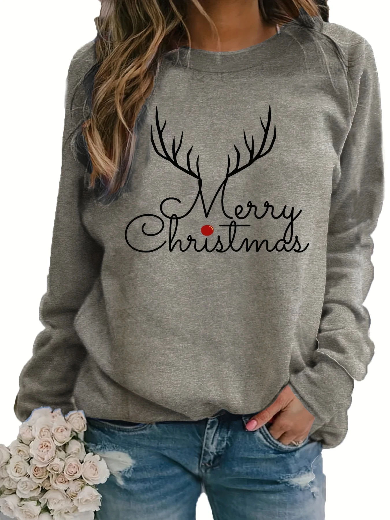 Women's Autumn and Winter Casual Loose Warm Print Comfortable Plus Velvet Long-Sleeved Round Neck Sweatshirt