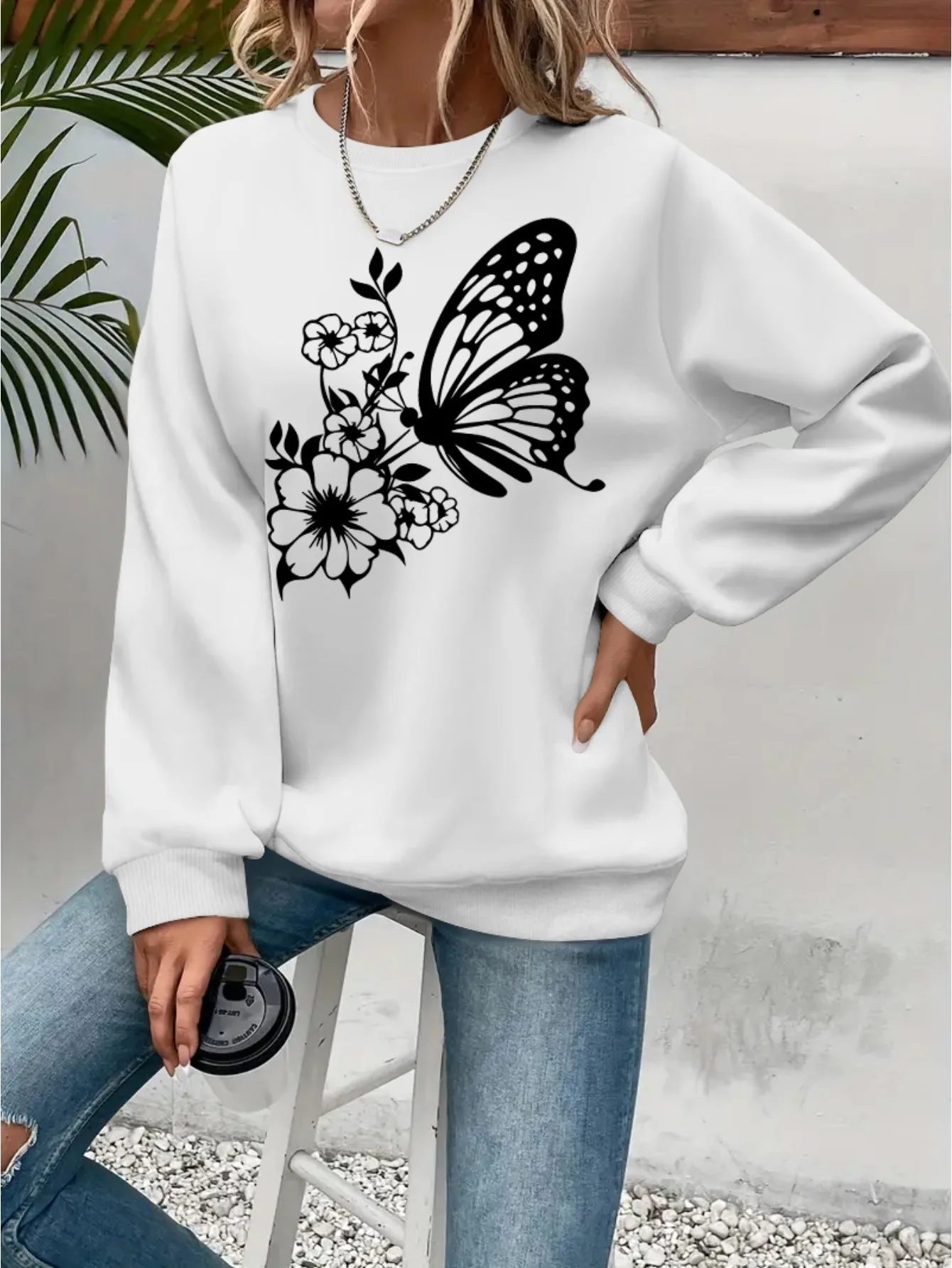 Women's Autumn and Winter Casual Loose Warm Print Comfortable Plus Velvet Long-Sleeved Round Neck Sweatshirt