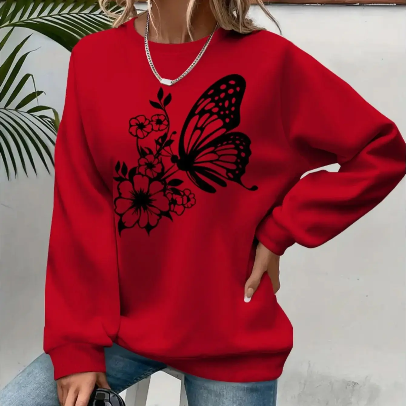 Women's Autumn and Winter Casual Loose Warm Print Comfortable Plus Velvet Long-Sleeved Round Neck Sweatshirt