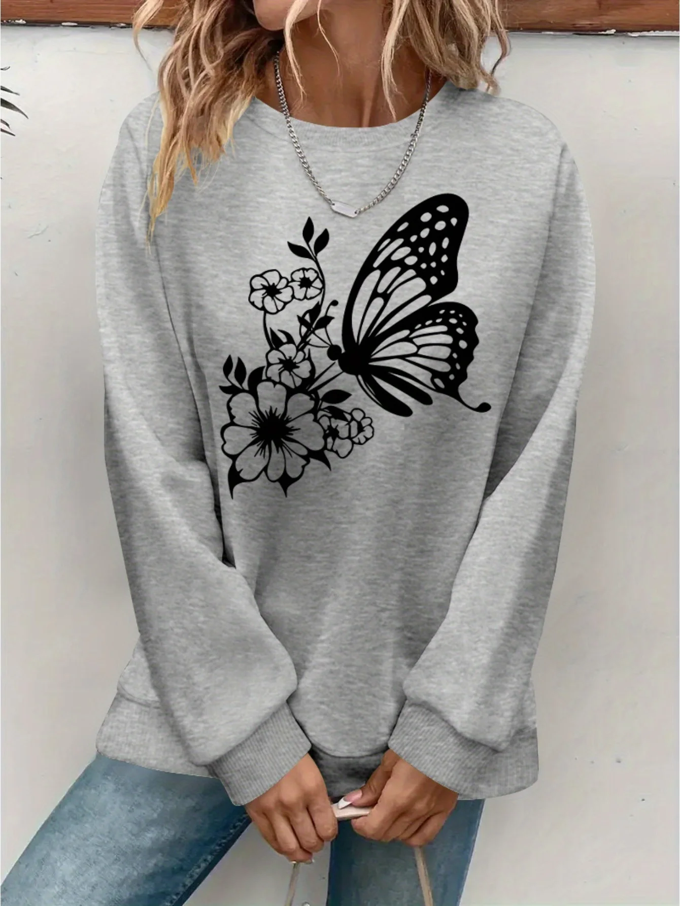 Women's Autumn and Winter Casual Loose Warm Print Comfortable Plus Velvet Long-Sleeved Round Neck Sweatshirt