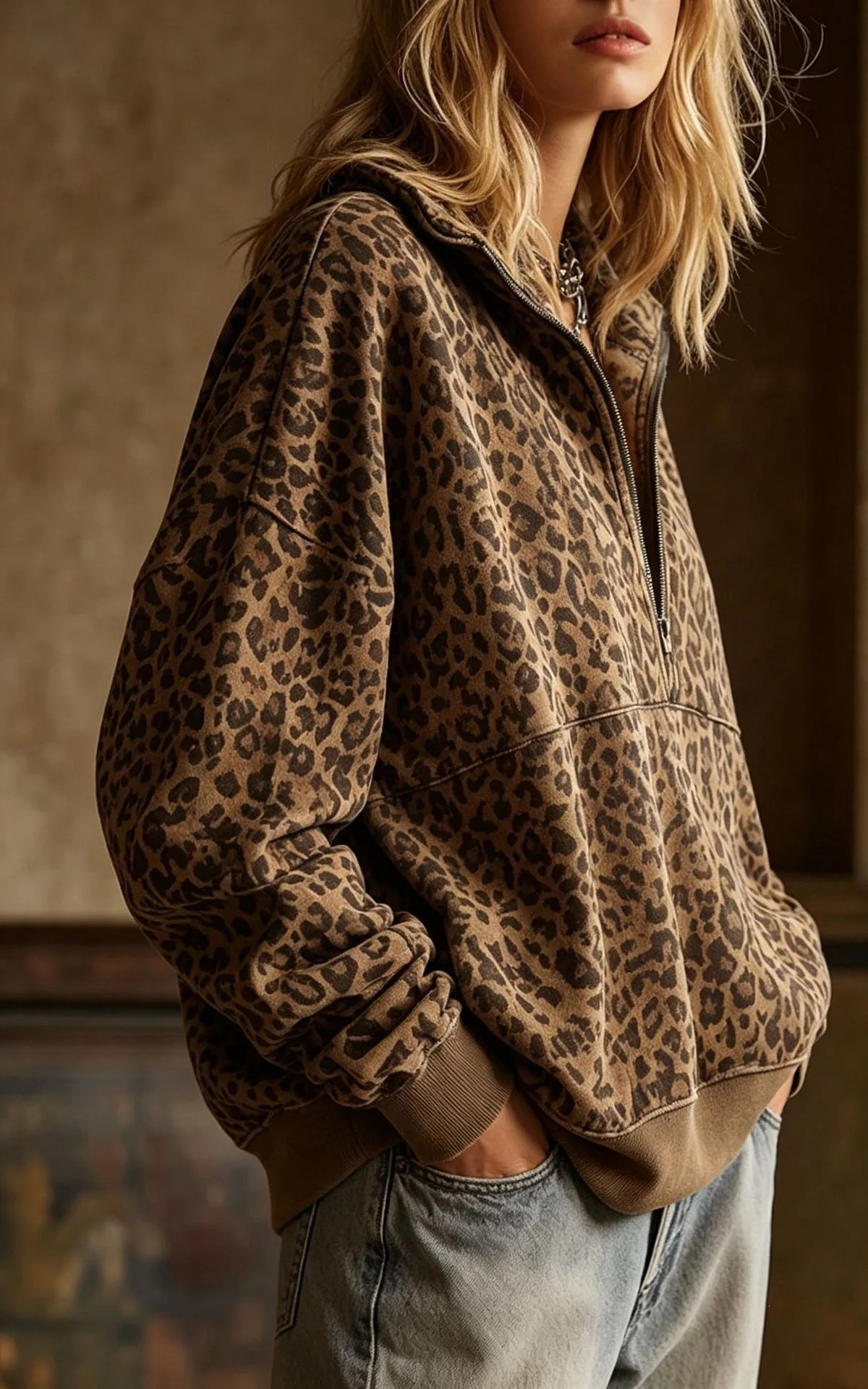 Women's Autumn Autumn Zipper Loose Hoodies Sweatshirt Turn Collar Leopard Print Long Sleeve Pullover