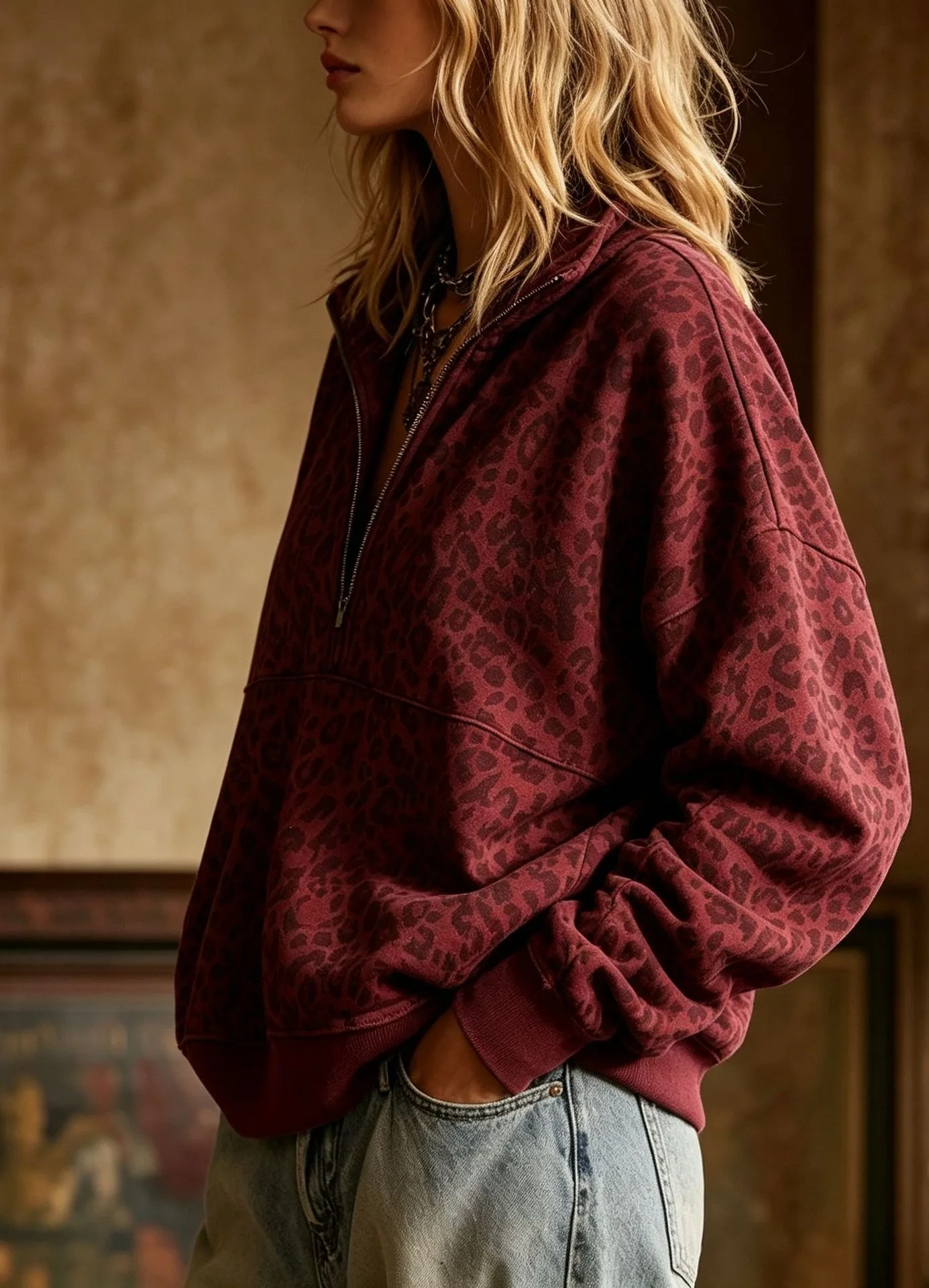 Women's Autumn Autumn Zipper Loose Hoodies Sweatshirt Turn Collar Leopard Print Long Sleeve Pullover