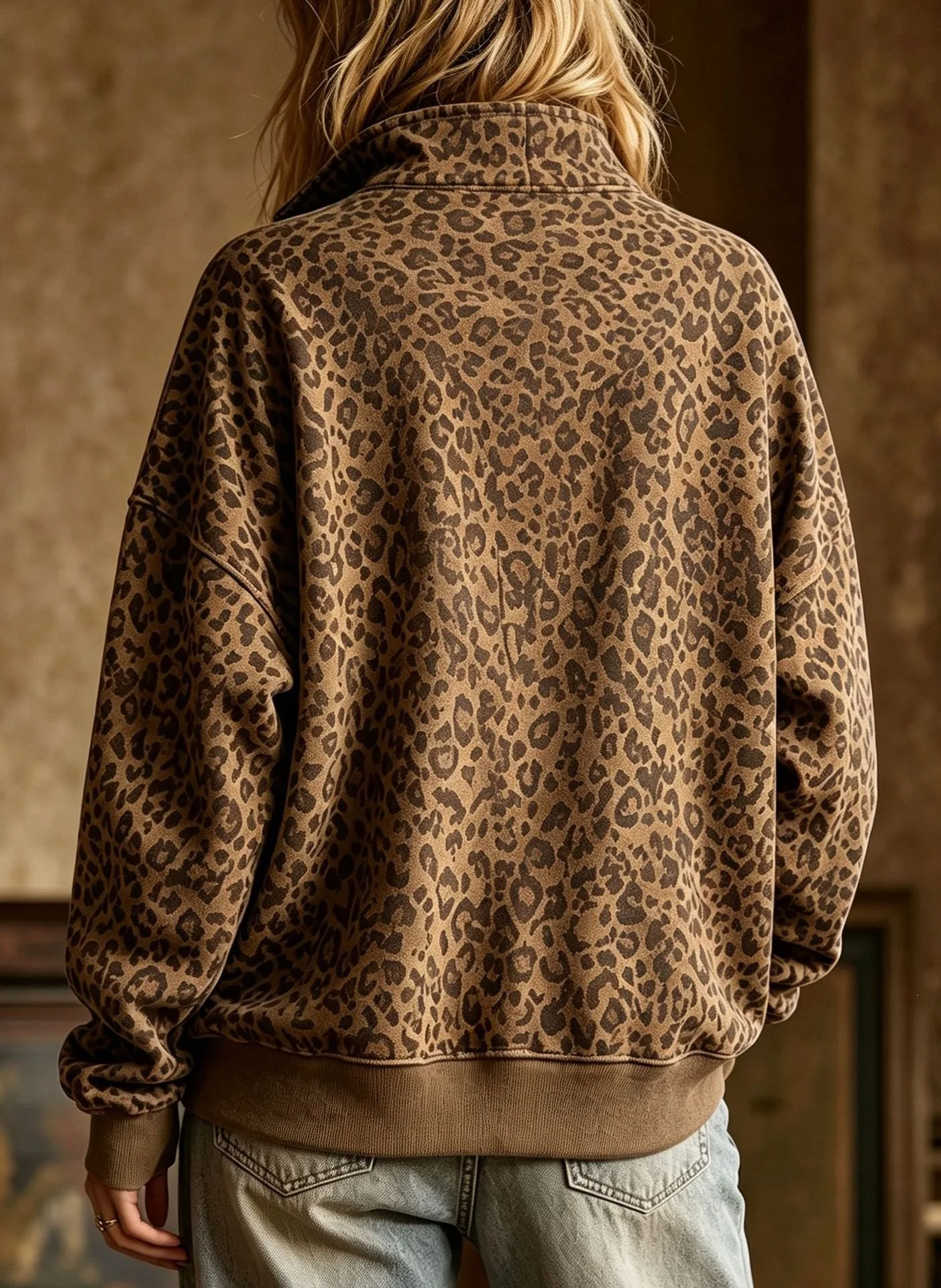 Women's Autumn Autumn Zipper Loose Hoodies Sweatshirt Turn Collar Leopard Print Long Sleeve Pullover