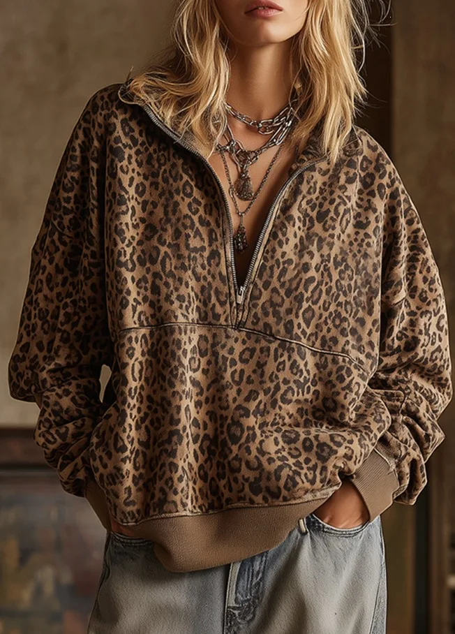Women's Autumn Autumn Zipper Loose Hoodies Sweatshirt Turn Collar Leopard Print Long Sleeve Pullover