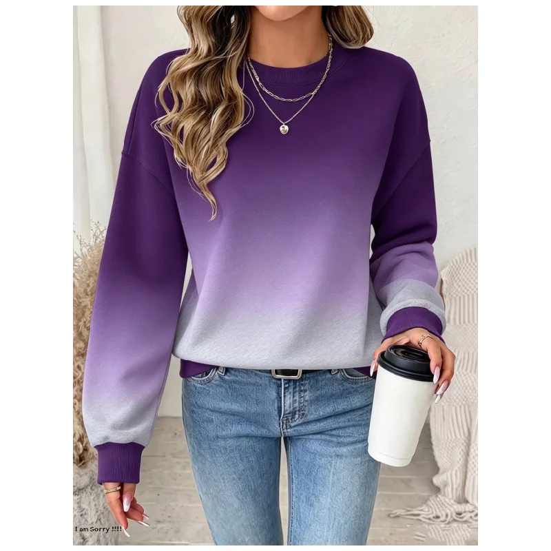 Fashion Gradient Color Personalized Print Pullover Tops Women's Autumn And Winter Long Sleeved Round Neck Warm Casual Sweatshirt