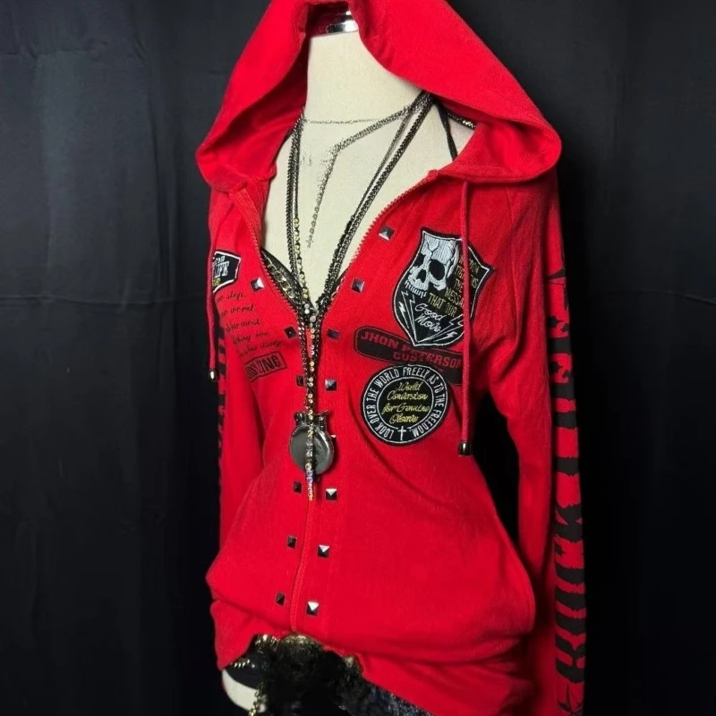 Streetwear Letter Skull Printing Hoodies Women Harajuku Vintage Zipper Gothic Sweatshirt Y2k Aesthetic Red Grunge Casual Hoody