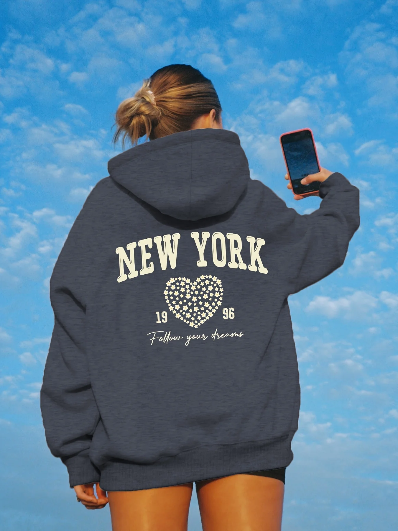 Women's Autumn and Winter Fashion Casual Sports Loose Los Angeles Print Fleece Warm Long Sleeved Pocket Hooded Sweatshirt