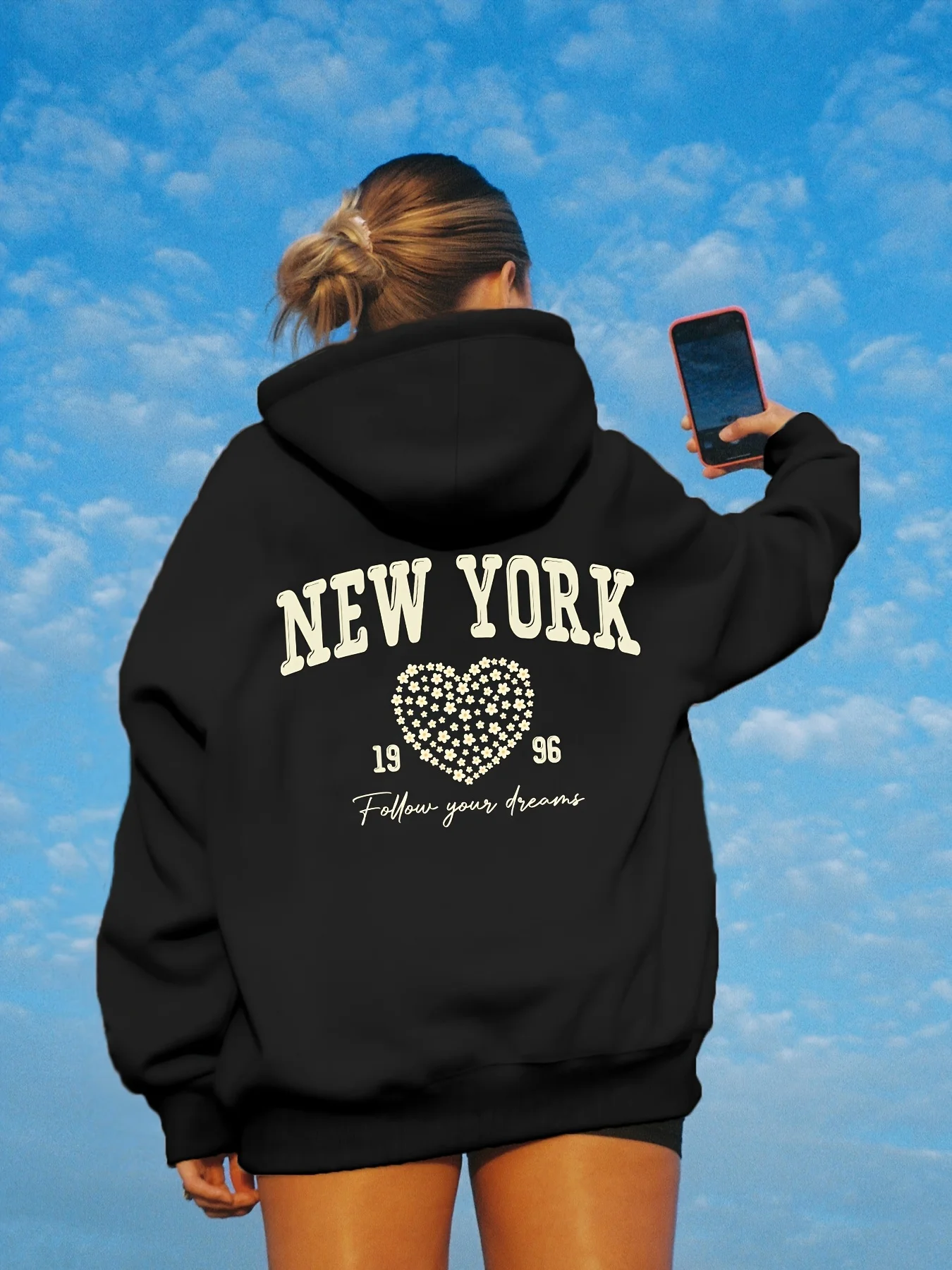 Women's Autumn and Winter Fashion Casual Sports Loose Los Angeles Print Fleece Warm Long Sleeved Pocket Hooded Sweatshirt