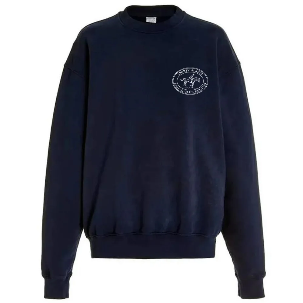 American Vintage Style Riding Club Printing Female Sweatshirts Navy Crewneck Oversize Cotton Pullover Ins Fashion 90's Jumper