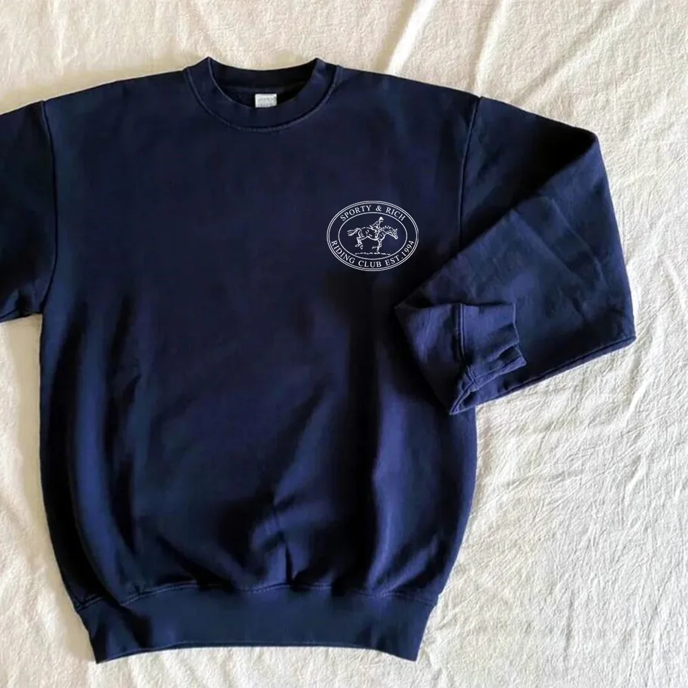 American Vintage Style Riding Club Printing Female Sweatshirts Navy Crewneck Oversize Cotton Pullover Ins Fashion 90's Jumper