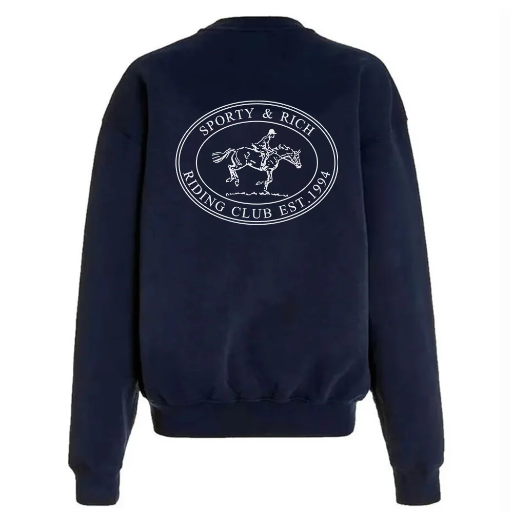 American Vintage Style Riding Club Printing Female Sweatshirts Navy Crewneck Oversize Cotton Pullover Ins Fashion 90's Jumper