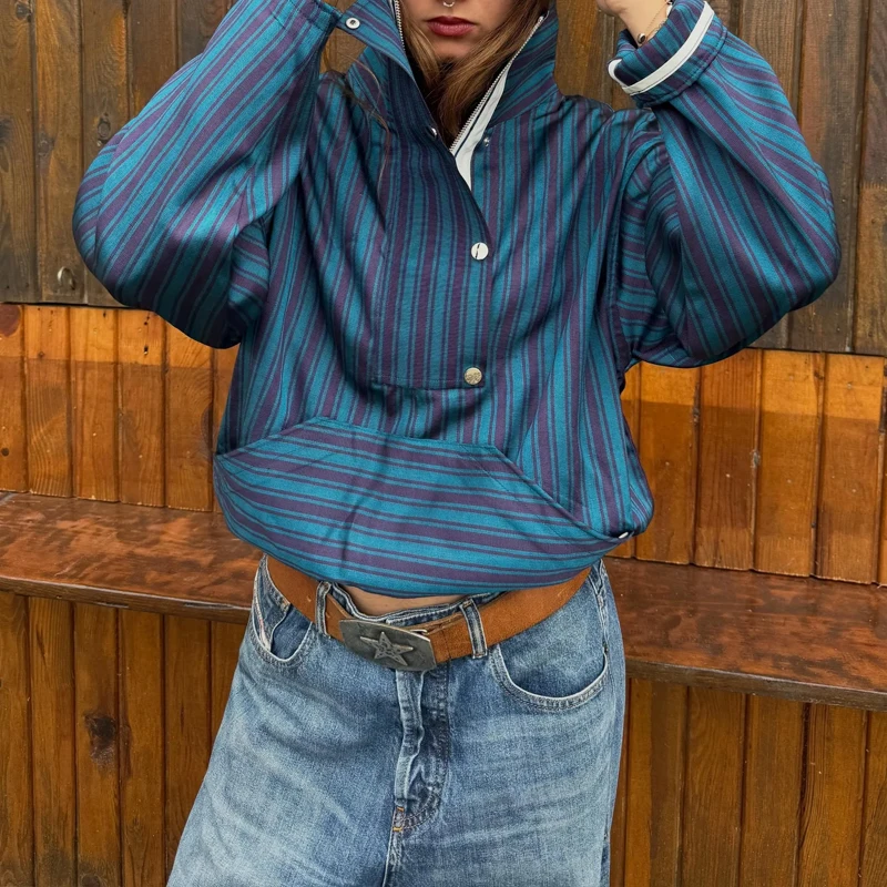 2026 Fashion Holiday Long Sleeve Hoodie Retro Striped Printed Loose Sweatshirt New Autumn Stand Collar Button Women Pullover Top