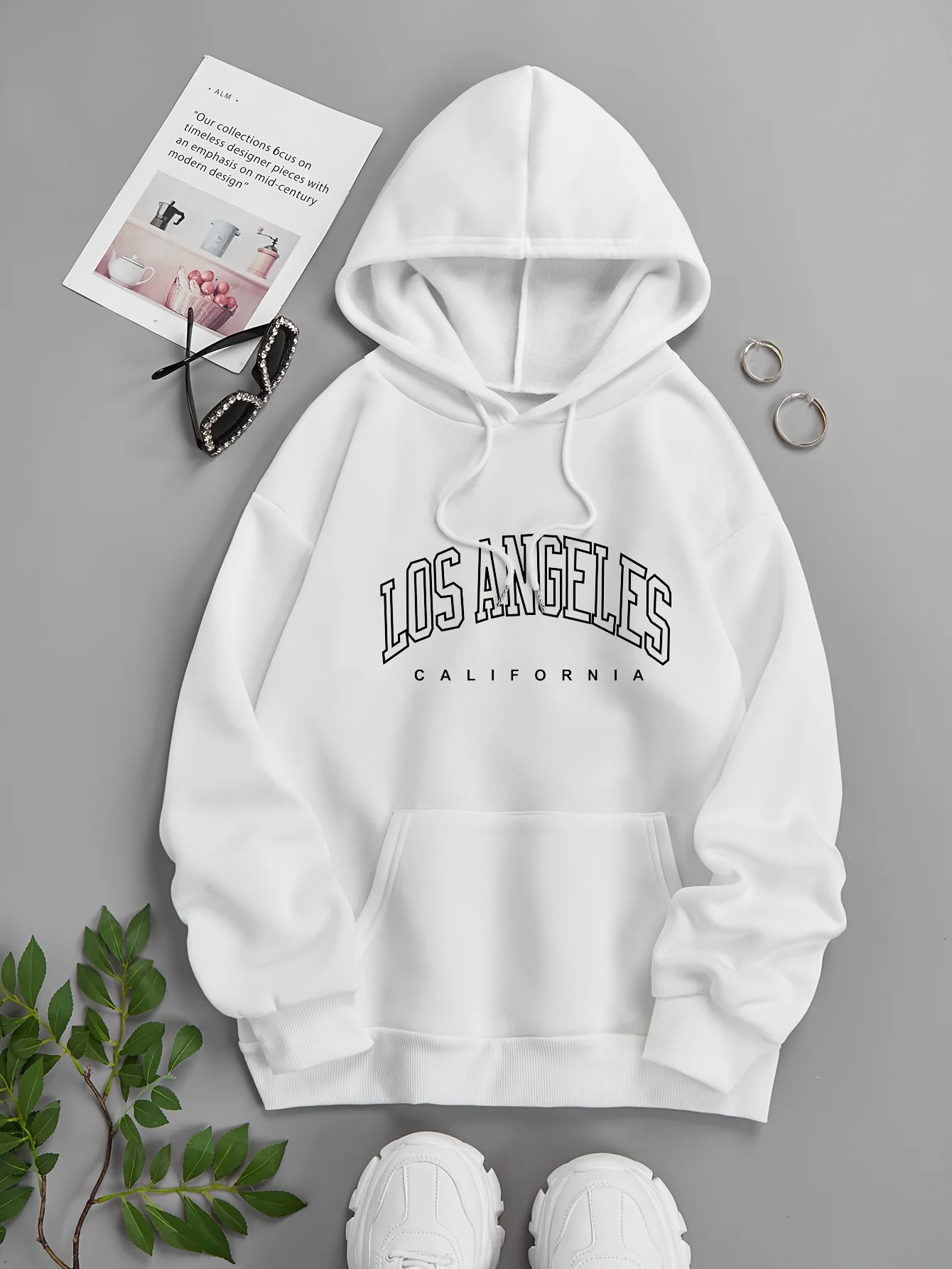 Women's Autumn and Winter Fashion Casual Sports Loose Los Angeles Print Fleece Warm Long Sleeved Pocket Hooded Sweatshirt