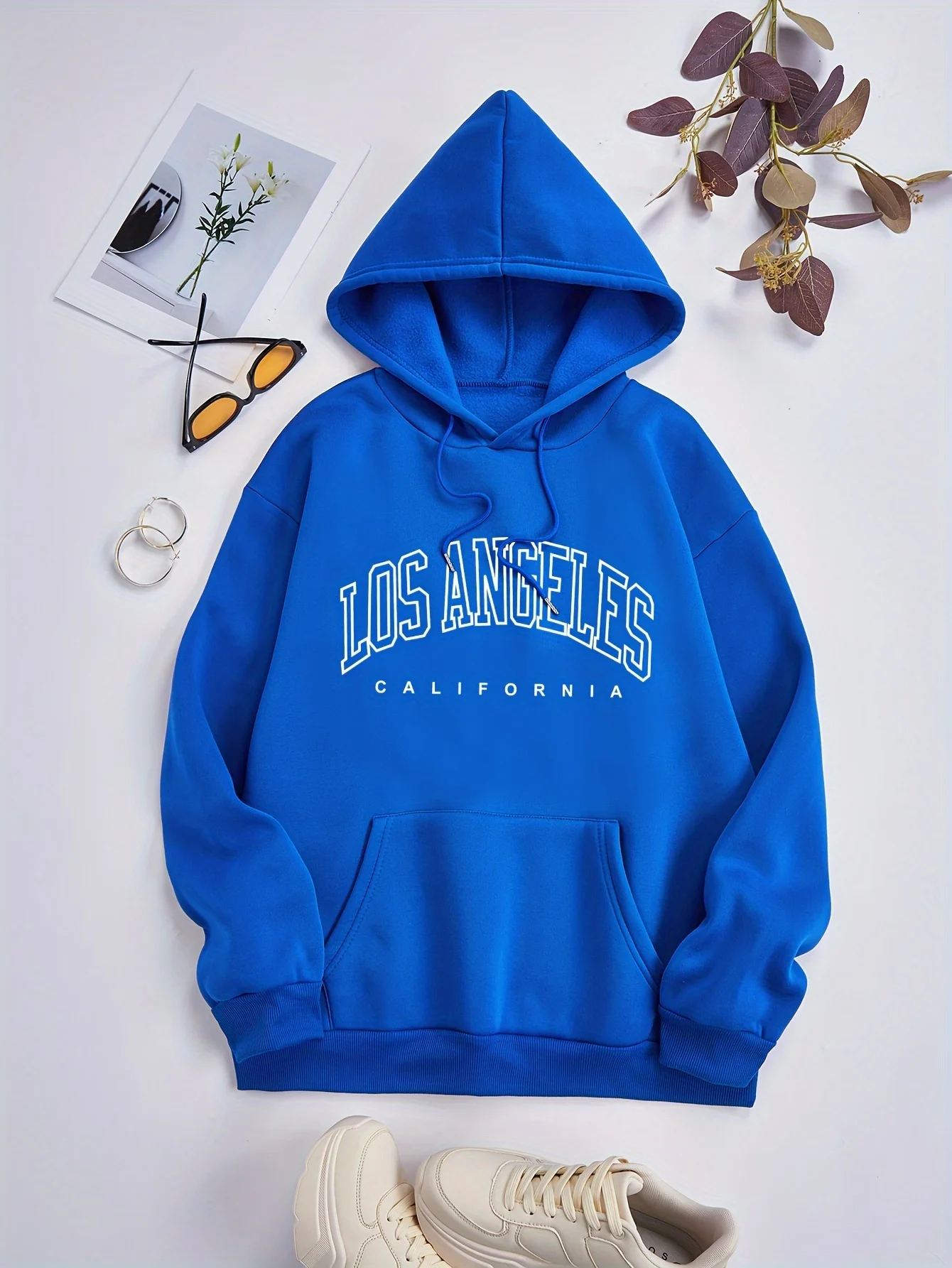 Women's Autumn and Winter Fashion Casual Sports Loose Los Angeles Print Fleece Warm Long Sleeved Pocket Hooded Sweatshirt